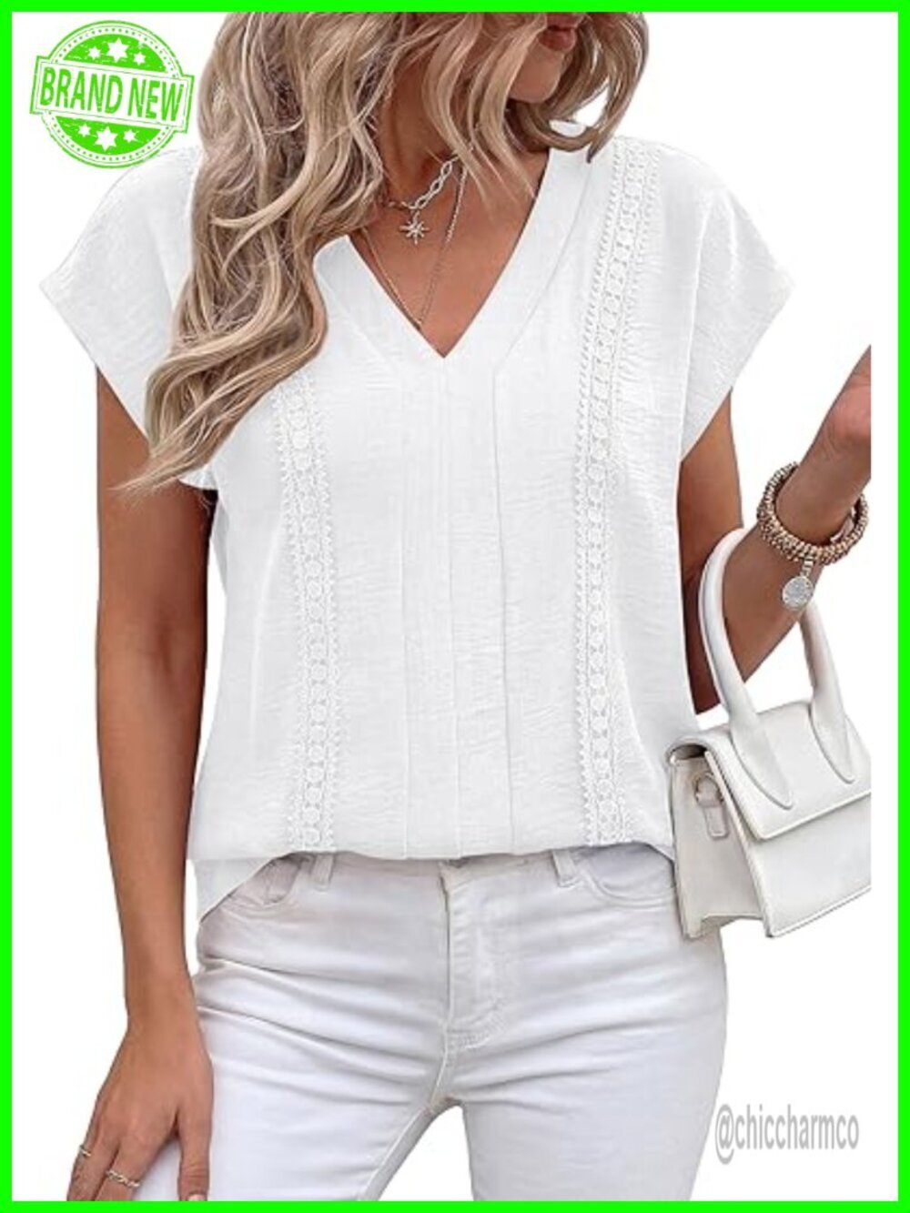 Cap Sleeve V Neck Lace Trim Blouse Dressy Casual Office Boho Top Spring Summer